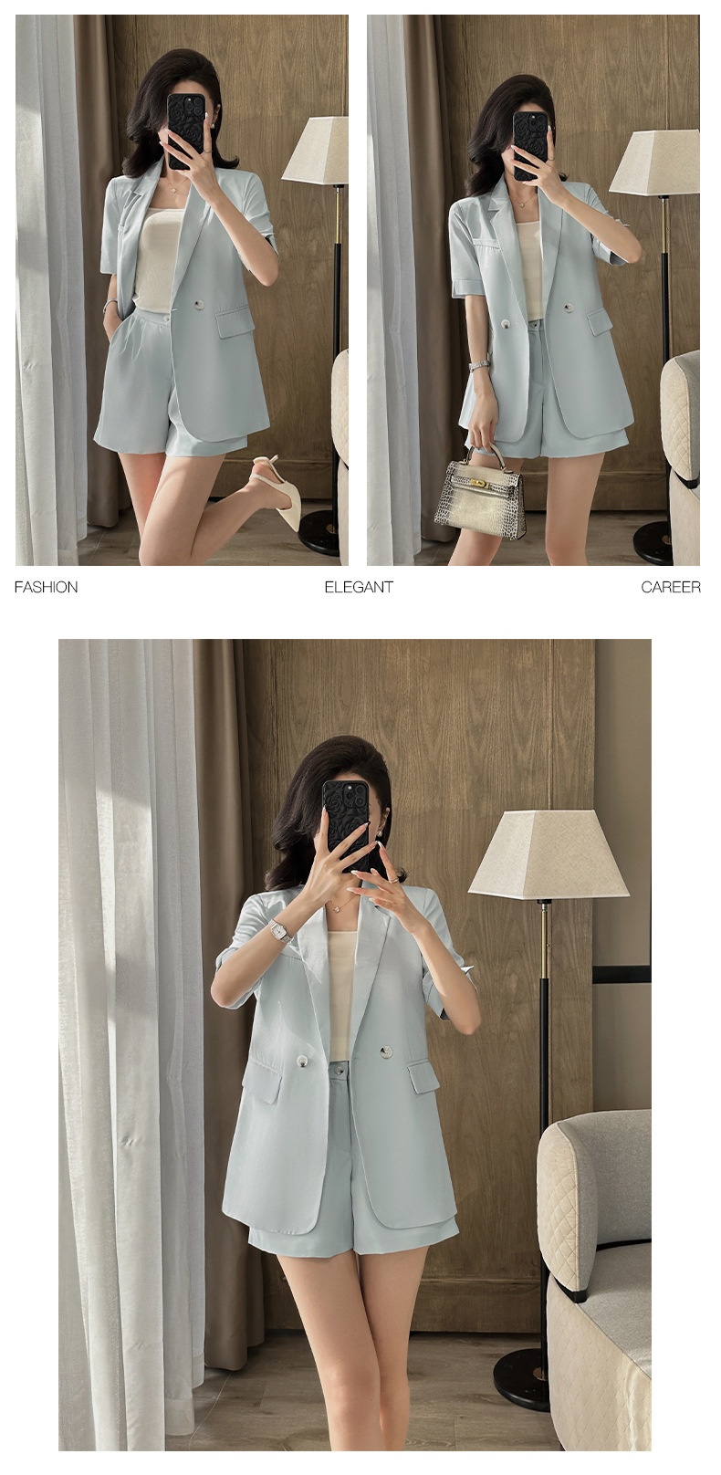 Ensemble tailleur bleu ChicShe pour femme, élégant et tendance, manches courtes, short fin d'été, tenue de travail professionnelle._voghion.com