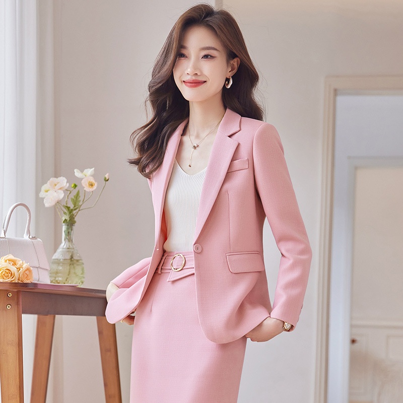 ChicShe Elegant And Small Jacket For Women OL Pink Suit Skirt High-Waisted Professional Two-Piece Set_voghion.com