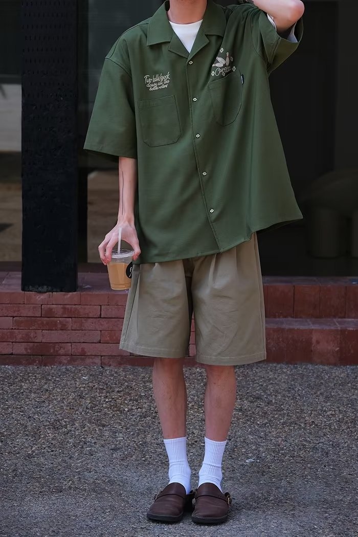 ForMen 2023 Summer American Style Loose Cuban Collar Bowling Embroidery Workwear Short Men Half Sleeve Shirt_voghion.com
