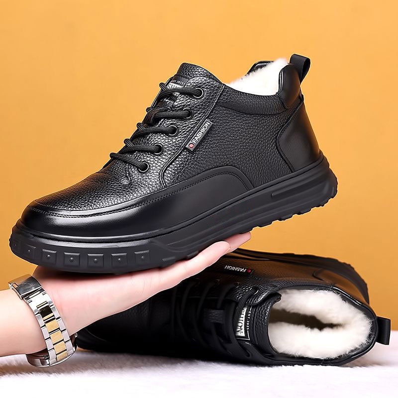 Glide Winter Thickened Fleece Waterproof Leather Shoes Men, Non-Slip Casual Warm Elderly Shoes, Snow Boots For Men_voghion.com