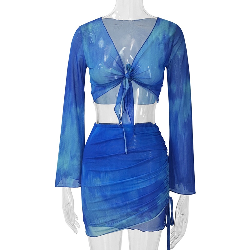 ChicShe European American Women's Clothing Tie-Dye Print V-Neck Lace-Up Mesh Flared Sleeve Top And Skirt Two-Piece Set Hot Girl_voghion.com