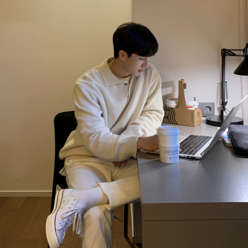 Boy Boy ASCLO New Dongdaemun Korean Clothing Turn-down Sweater Men's Designer Polo Collar Skinfriendly Loose Autumn Casual_voghion.com