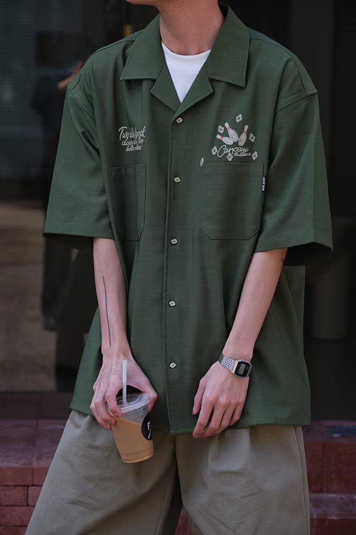 ForMen 2023 Summer American Style Loose Cuban Collar Bowling Embroidery Workwear Short Men Half Sleeve Shirt_voghion.com