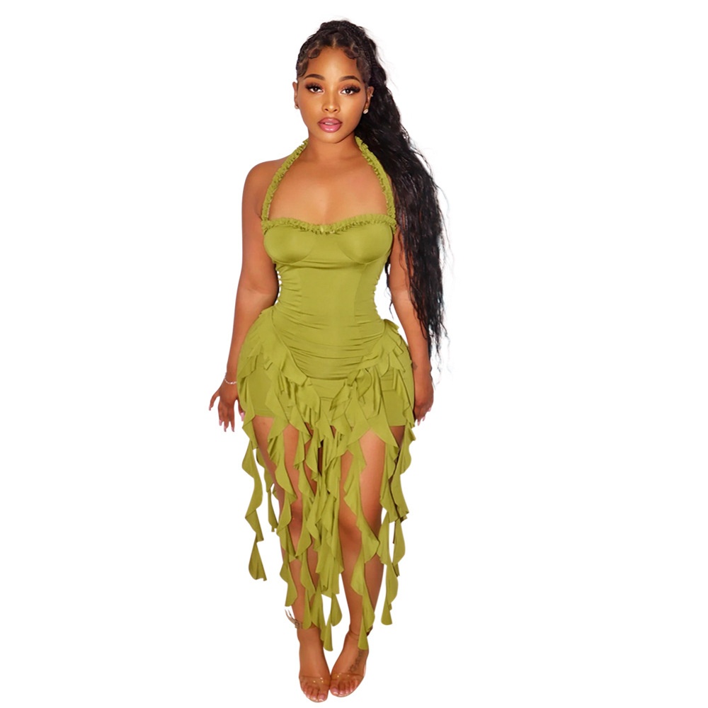 ChicShe CY901256 European And American Solid Color Tassel Halter Bodycon For Women Foreign Trade New Fashion Dress_voghion.com