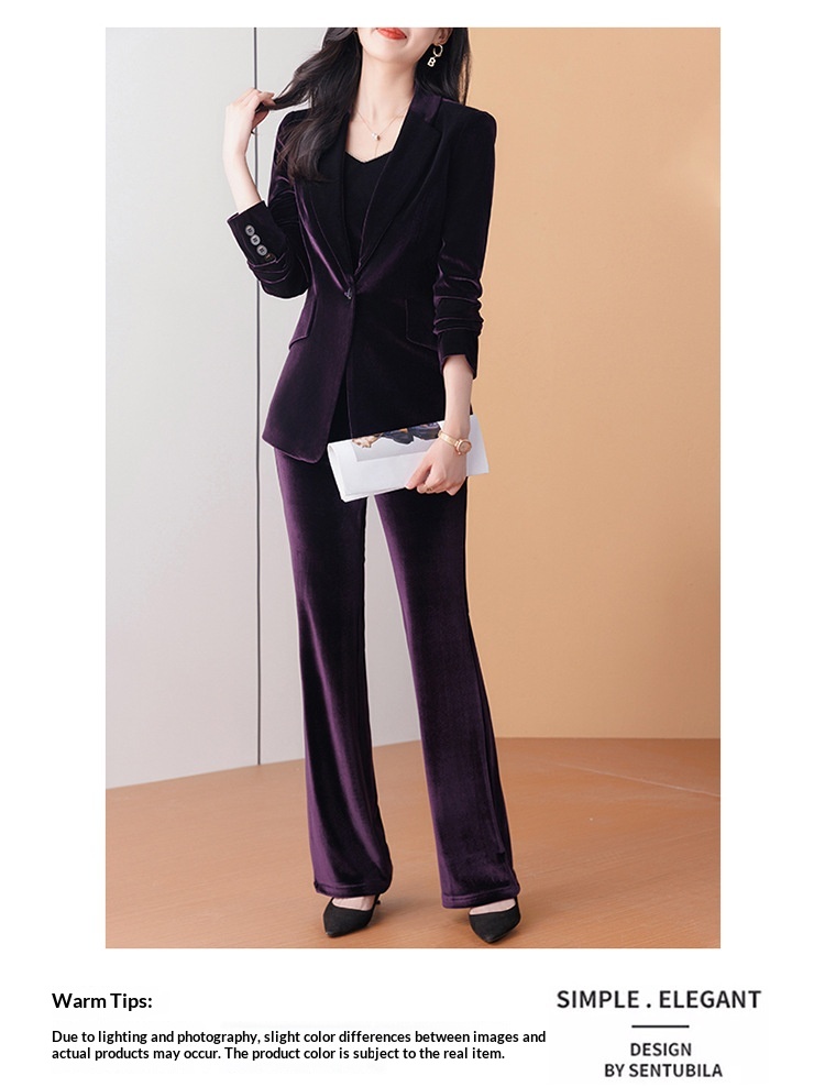 Blazer in velluto femminile di alta gamma ChicShe, nuovo elegante tailleur primaverile e autunnale con pantaloni svasati_voghion.com