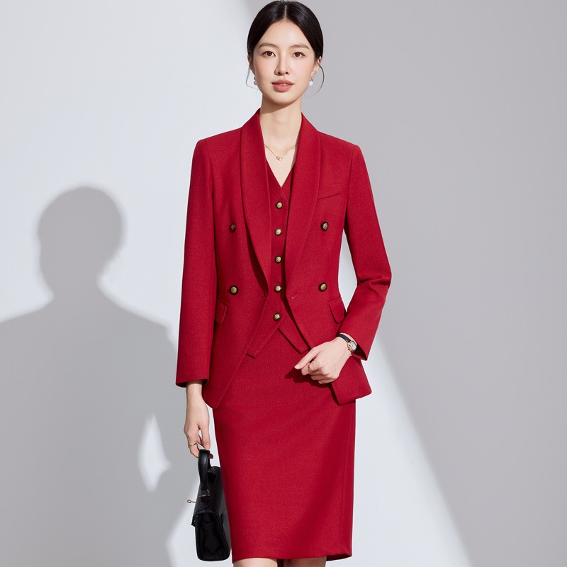ChicShe Red Long Sleeve Blazer Women's Vest Pants Three-Piece Set Autumn Winter New Professional Fashion High-End Feel_voghion.com