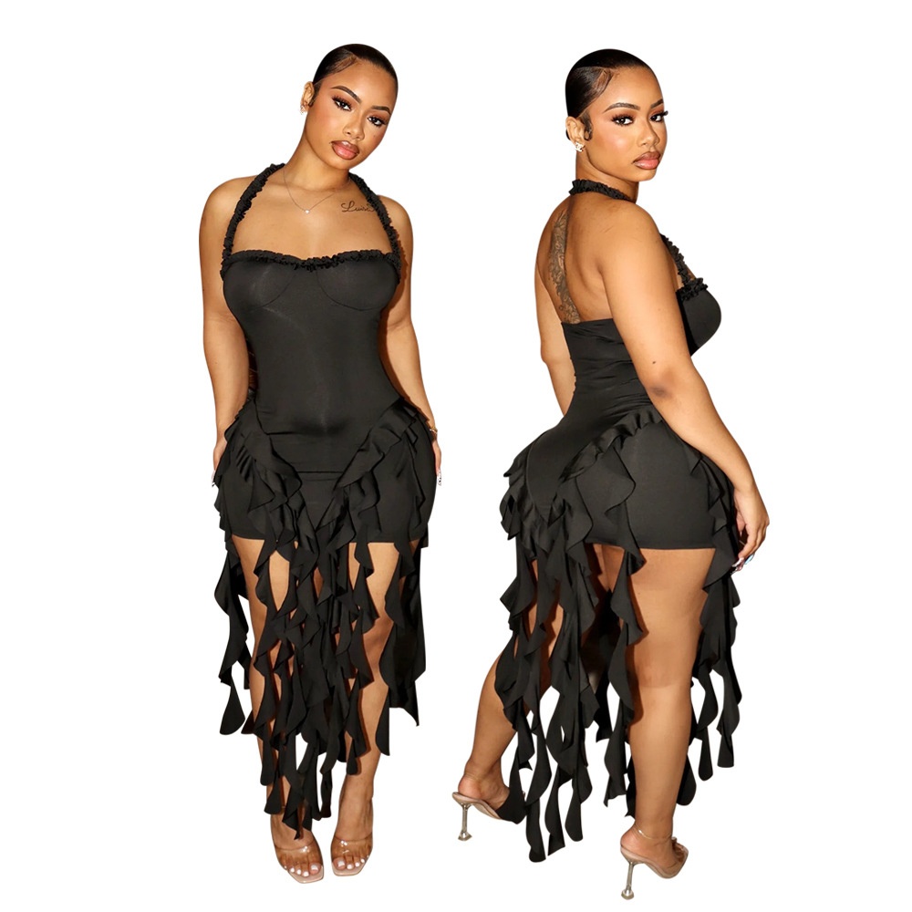 ChicShe CY901256 European And American Solid Color Tassel Halter Bodycon For Women Foreign Trade New Fashion Dress_voghion.com