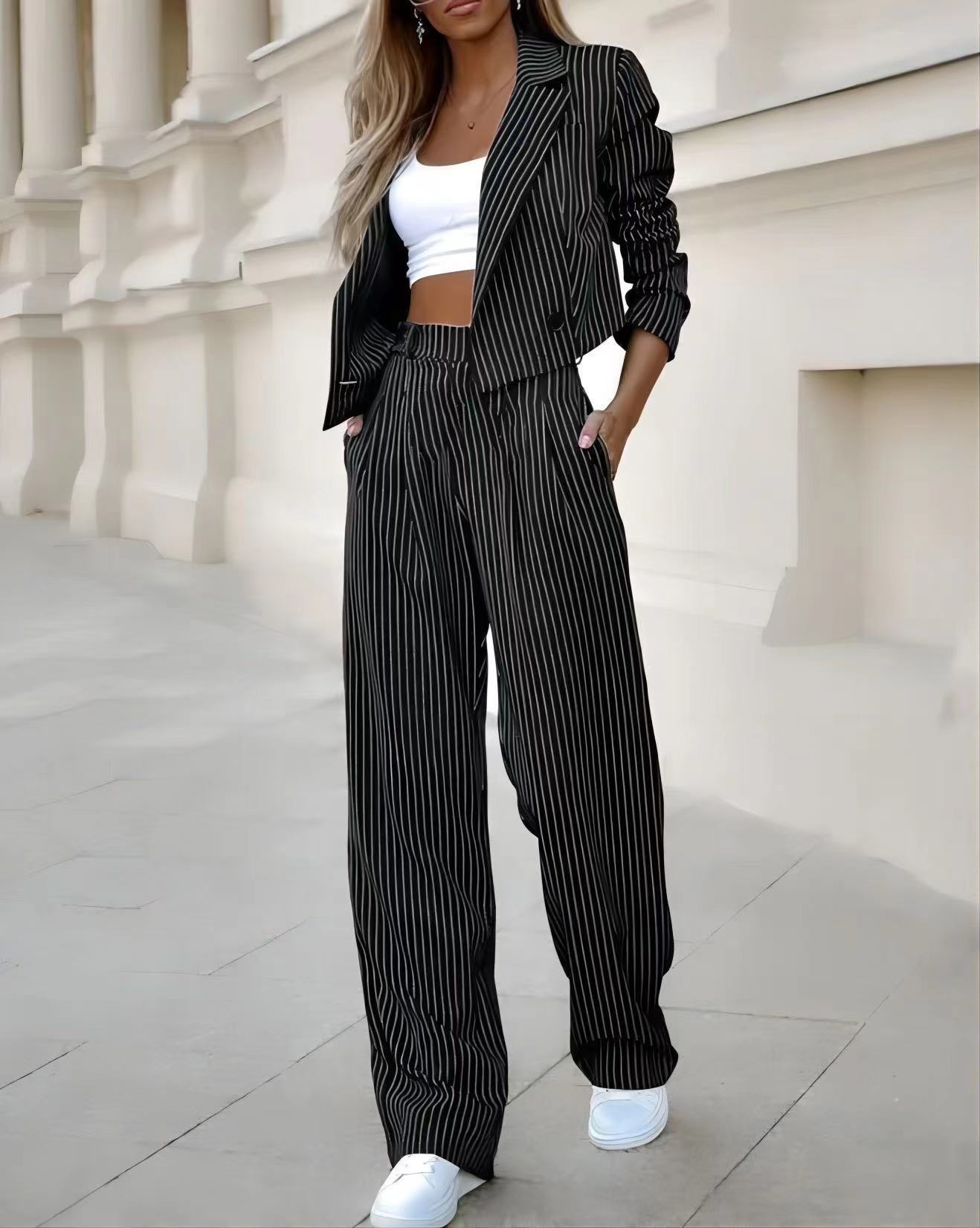 ChicShe 2024 European And American Foreign Trade Women's Fashion Elegant Casual Striped Short Lapel Blazer Straight Pants Suit_voghion.com