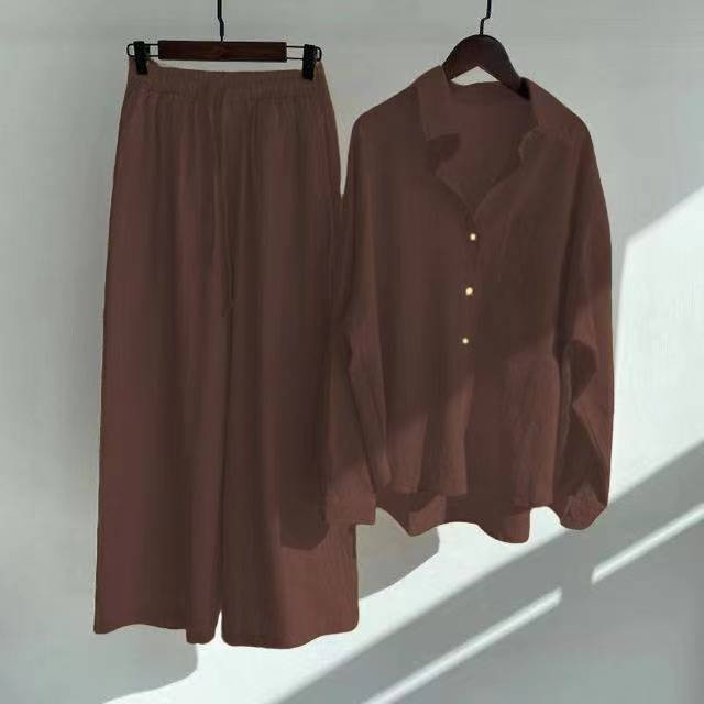 ChicShe Cross-Border Women's 2-Piece Retro Plus Size 2024 Cotton Linen Shirt High Waist Loose Long Pants Set_voghion.com