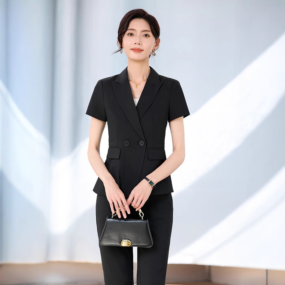 Completo estivo a maniche corte ChicShe da donna, abbigliamento formale professionale sottile 2025, elegante abbigliamento da lavoro per receptionist di hotel._voghion.com