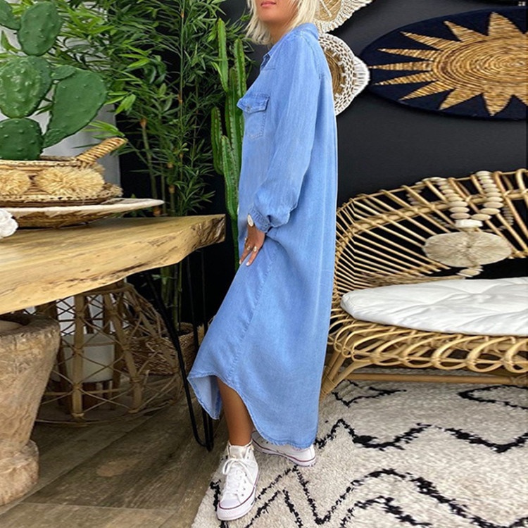 ChicShe 2023, gonna lunga casual in denim con colletto a camicia, nuova e venduta in Europa e in America_voghion.com