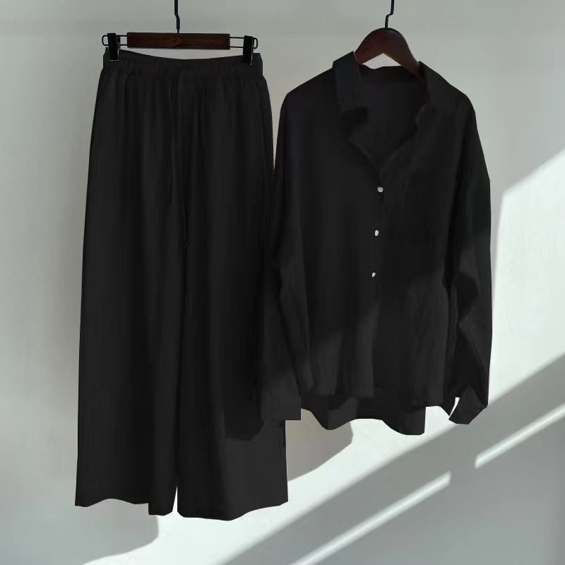 ChicShe Cross-Border Women's 2-Piece Retro Plus Size 2024 Cotton Linen Shirt High Waist Loose Long Pants Set_voghion.com