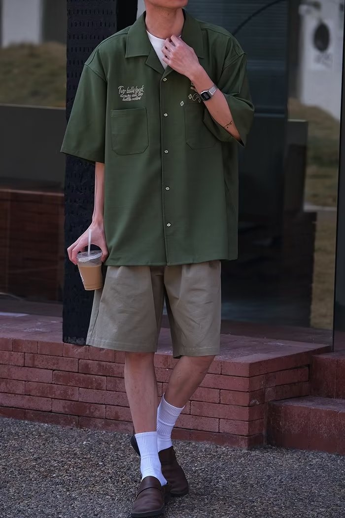 ForMen 2023 Summer American Style Loose Cuban Collar Bowling Embroidery Workwear Short Men Half Sleeve Shirt_voghion.com