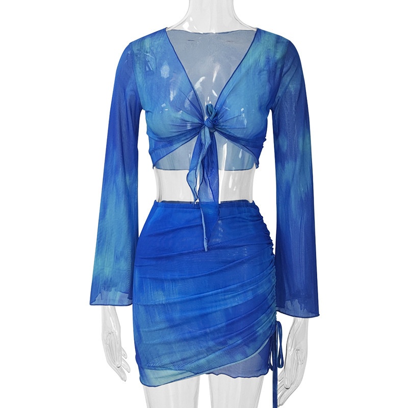 ChicShe European American Women's Clothing Tie-Dye Print V-Neck Lace-Up Mesh Flared Sleeve Top And Skirt Two-Piece Set Hot Girl_voghion.com