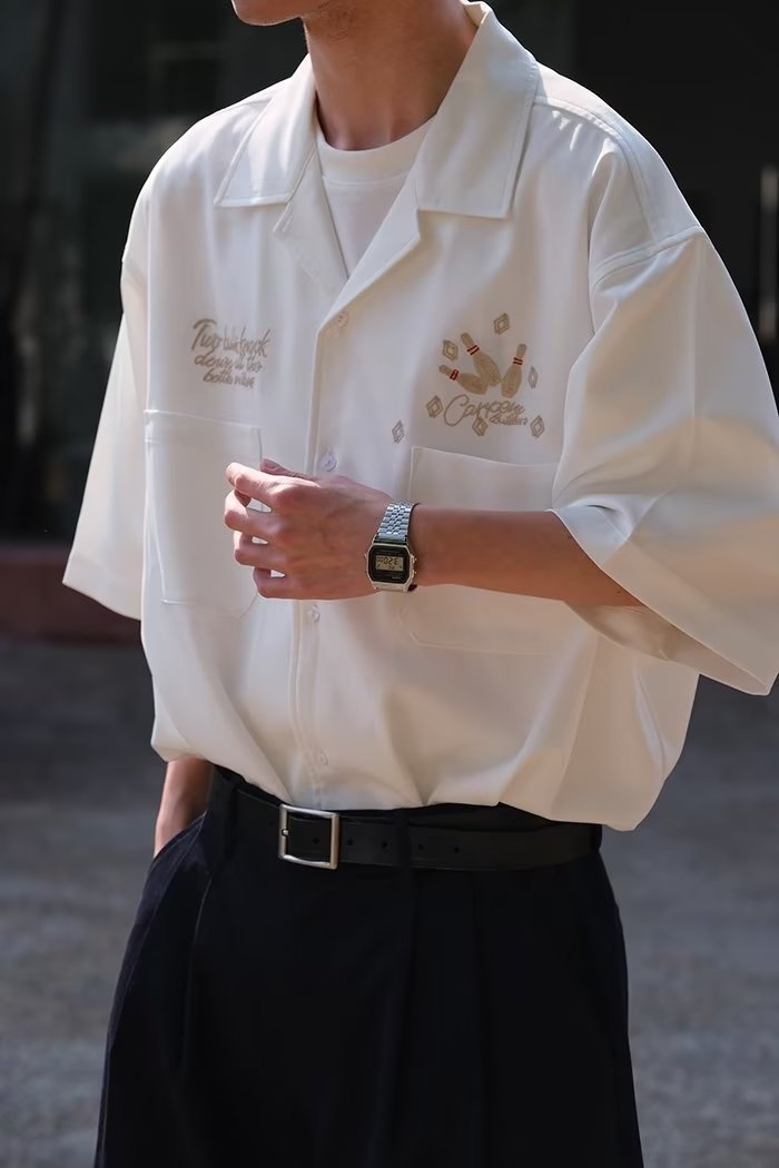 ForMen 2023 Summer American Style Loose Cuban Collar Bowling Embroidery Workwear Short Men Half Sleeve Shirt_voghion.com