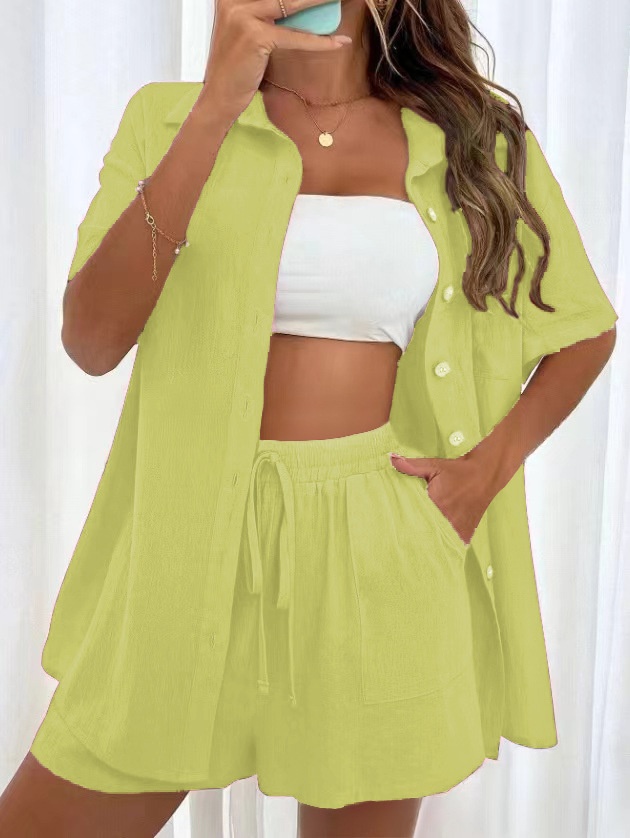 ChicShe In Stock Pantaloncini alla moda transfrontalieri Due pezzi Set camicia tinta unita da donna Casual manica corta ampia Singolo_voghion.com