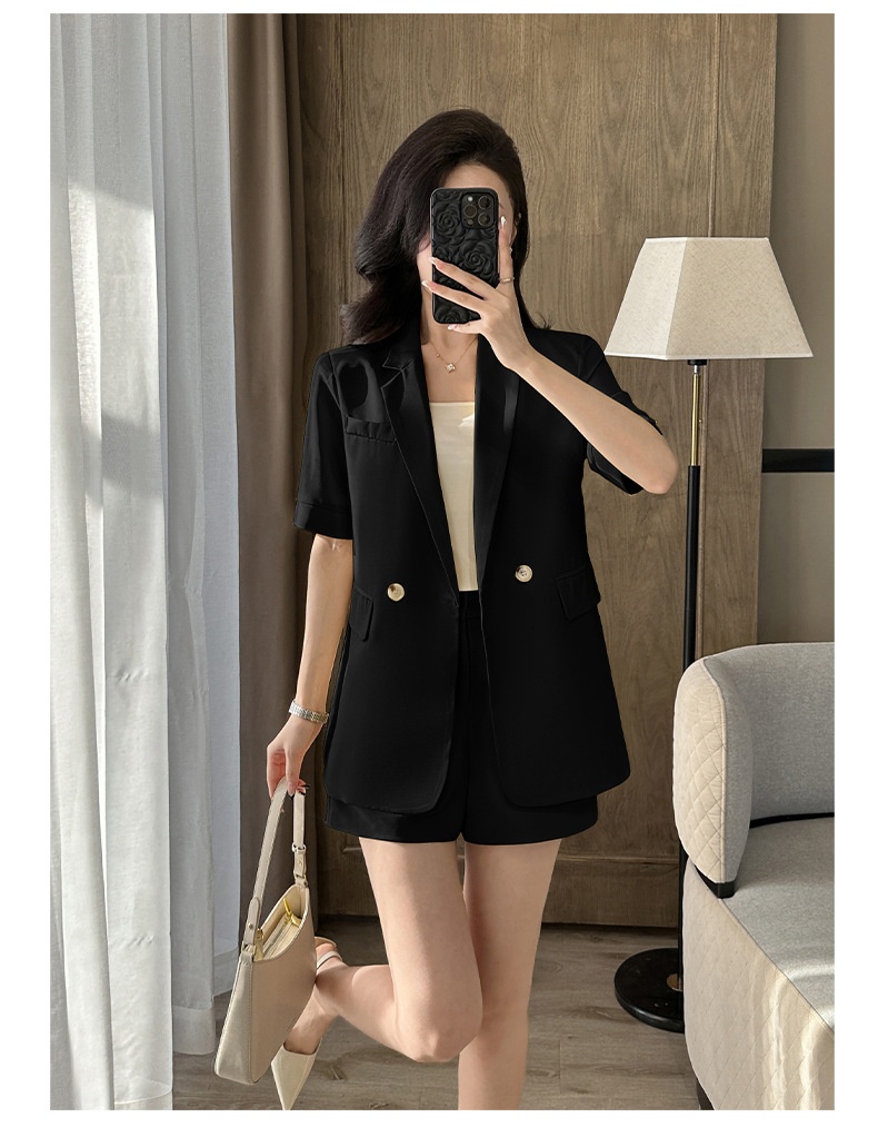 Ensemble tailleur bleu ChicShe pour femme, élégant et tendance, manches courtes, short fin d'été, tenue de travail professionnelle._voghion.com