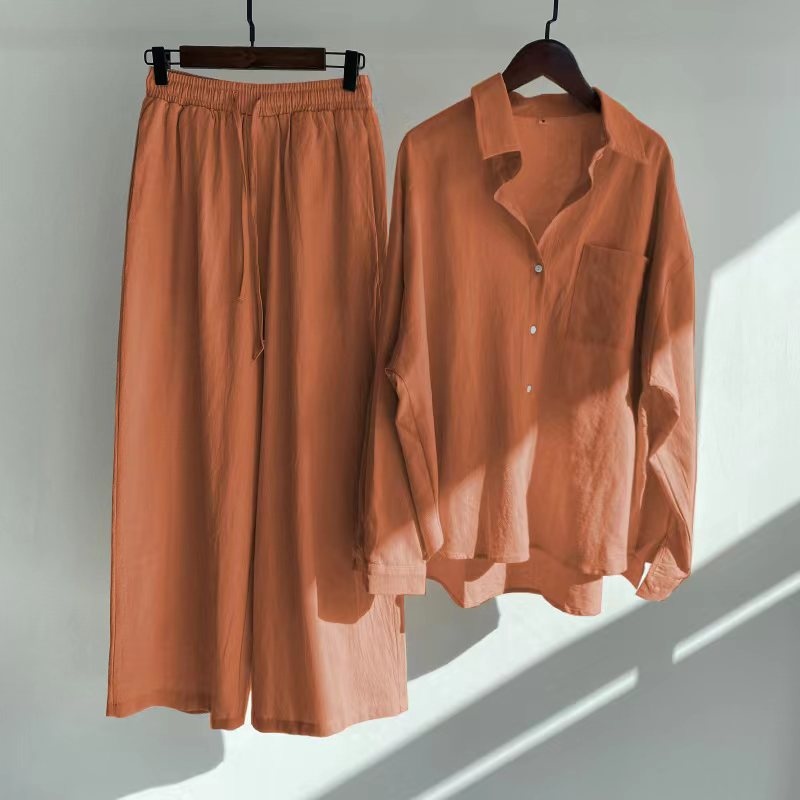 ChicShe Cross-Border Women's 2-Piece Retro Plus Size 2024 Cotton Linen Shirt High Waist Loose Long Pants Set_voghion.com