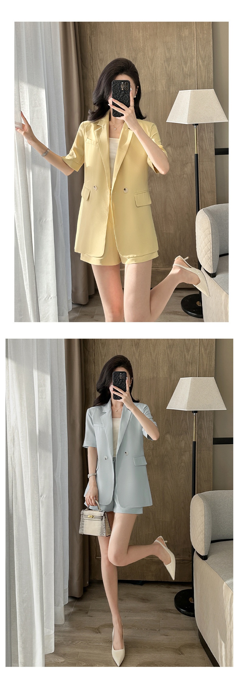 Ensemble tailleur bleu ChicShe pour femme, élégant et tendance, manches courtes, short fin d'été, tenue de travail professionnelle._voghion.com