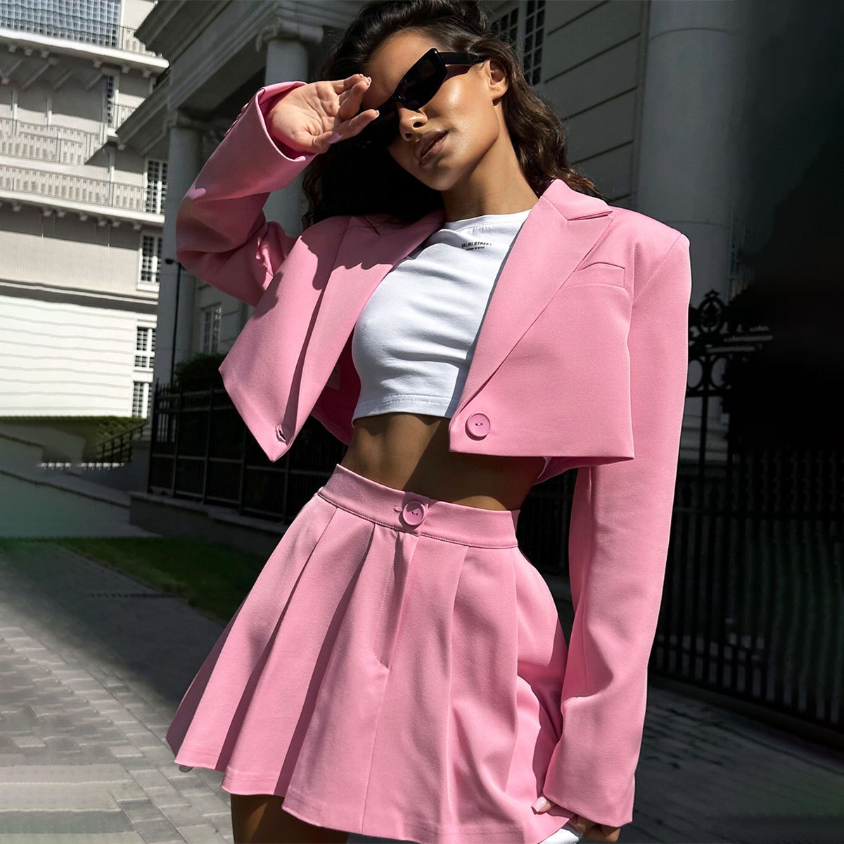 ChicShe Cross-Border Short European And American 2025 Spring Summer Y2K Right Shoulder Lapel Small + Mini Skirt Suit Set_voghion.com