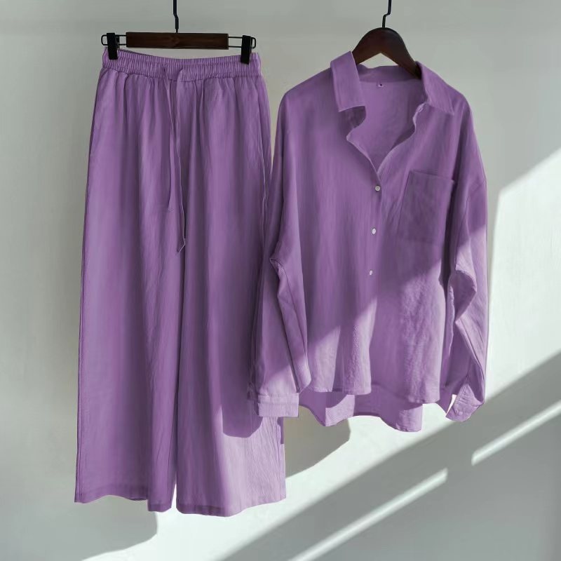 ChicShe Cross-Border Women's 2-Piece Retro Plus Size 2024 Cotton Linen Shirt High Waist Loose Long Pants Set_voghion.com