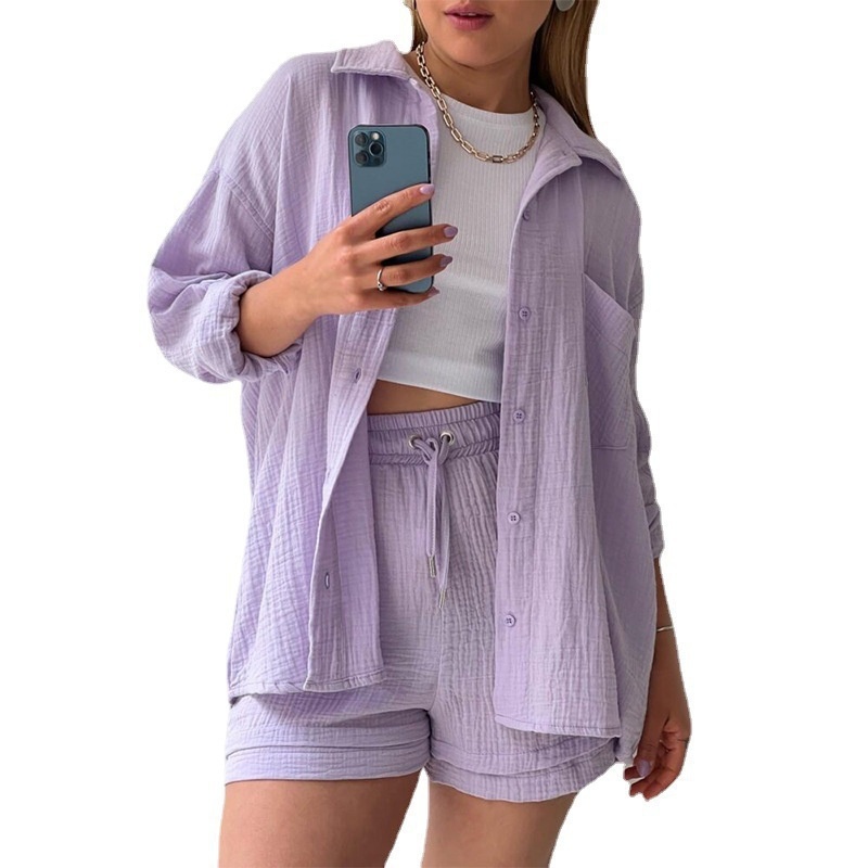 ChicShe, camicia a maniche lunghe con colletto rovesciato, pantaloncini con coulisse a vita alta, in tessuto stropicciato, da donna europea e americana, due pezzi_voghion.com
