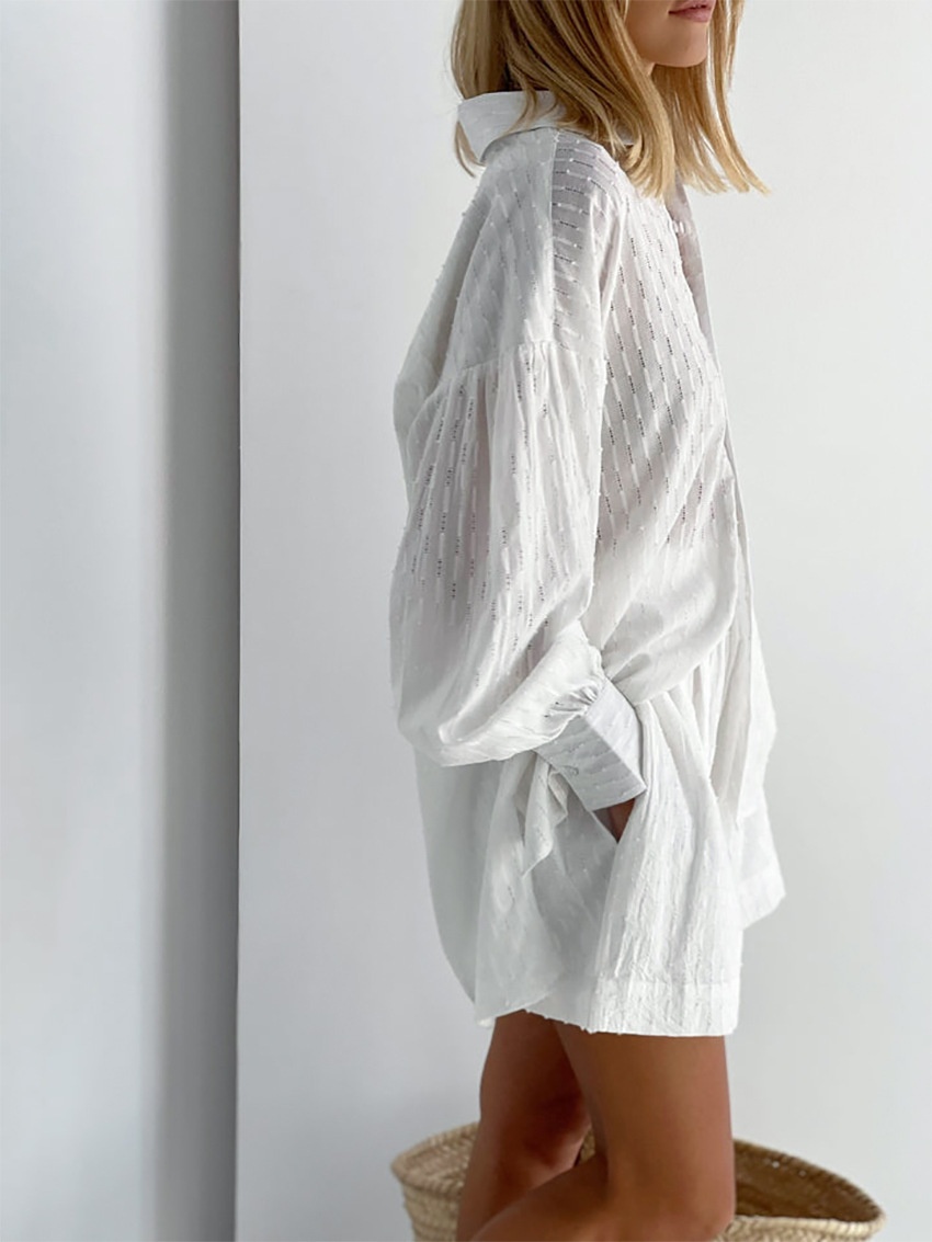 ChicShe Collection Été 2024 - Mode Femme - Style Européen et Américain - Haut Élégant à Manches Bouffantes Jacquard - Short - Design Pratique pour les Déplacements Féminin_voghion.com