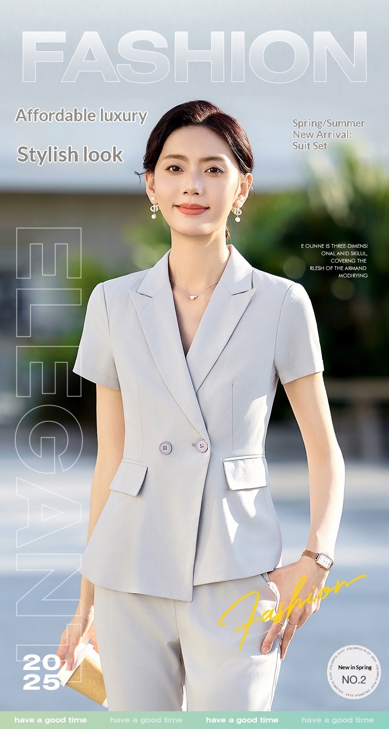 Completo estivo a maniche corte ChicShe da donna, abbigliamento formale professionale sottile 2025, elegante abbigliamento da lavoro per receptionist di hotel._voghion.com