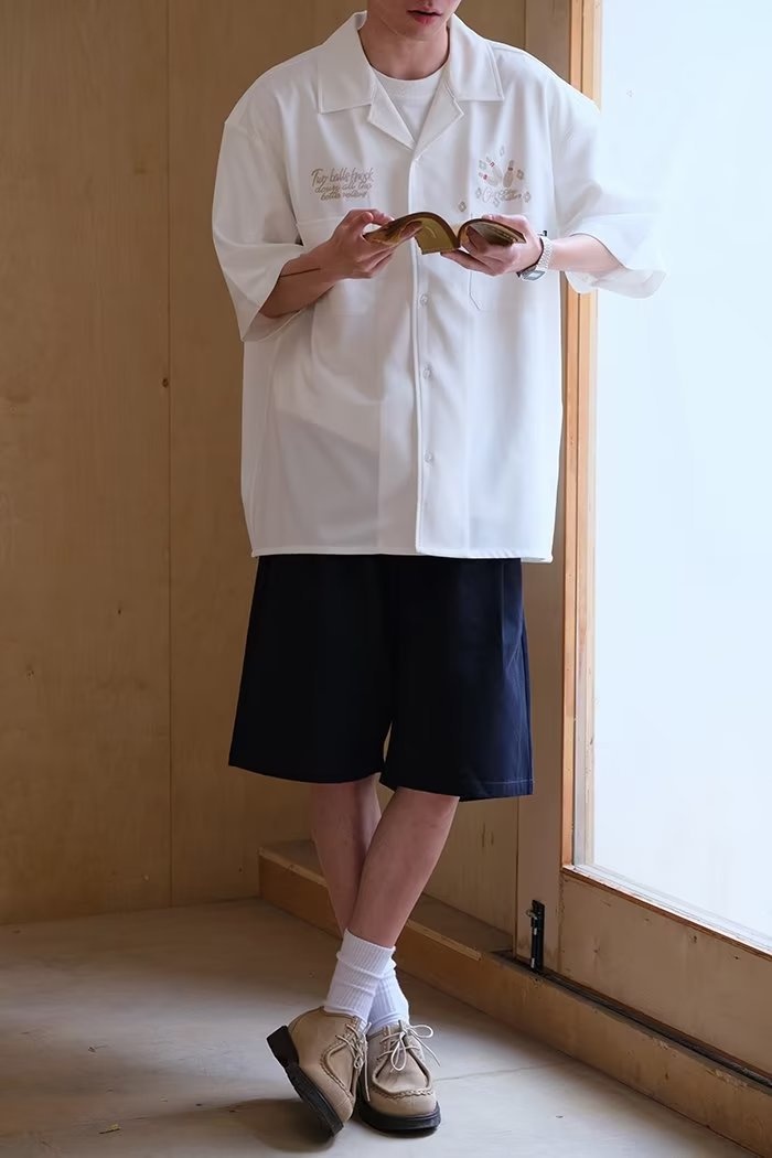 ForMen 2023 Summer American Style Loose Cuban Collar Bowling Embroidery Workwear Short Men Half Sleeve Shirt_voghion.com