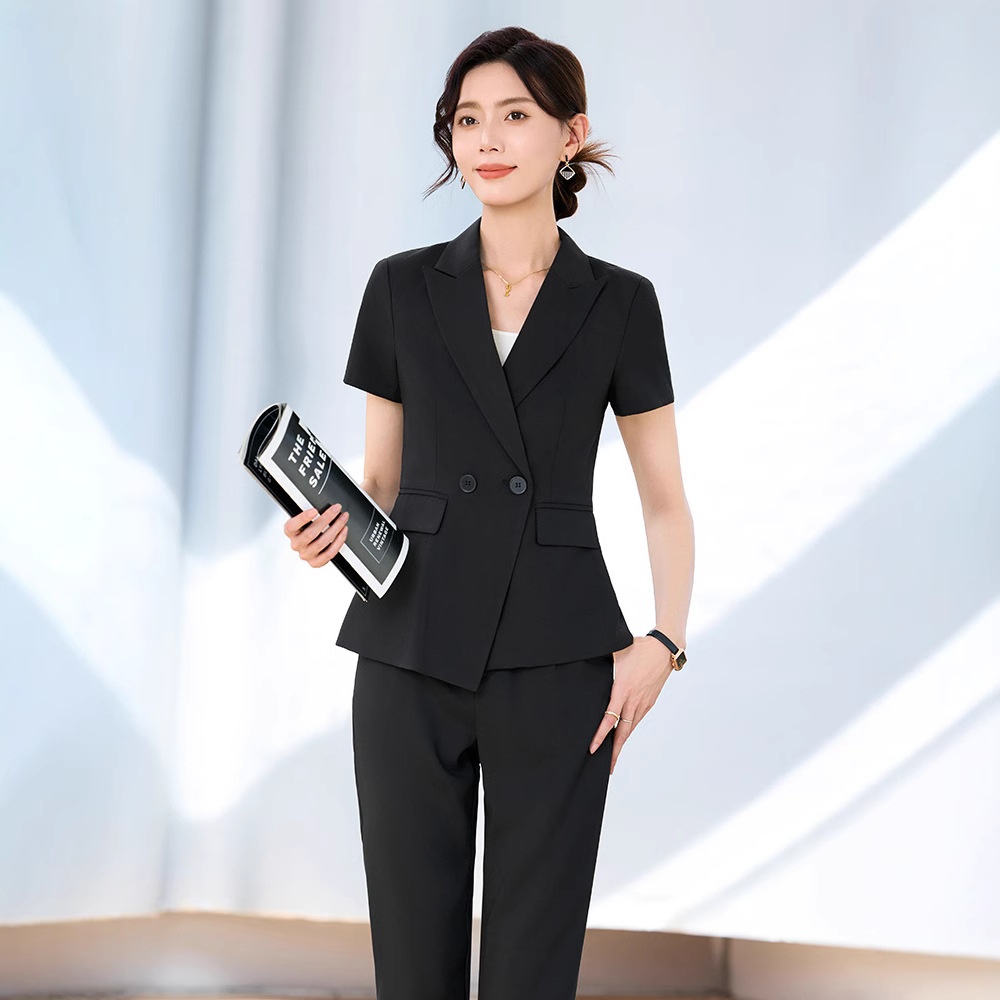 Completo estivo a maniche corte ChicShe da donna, abbigliamento formale professionale sottile 2025, elegante abbigliamento da lavoro per receptionist di hotel._voghion.com