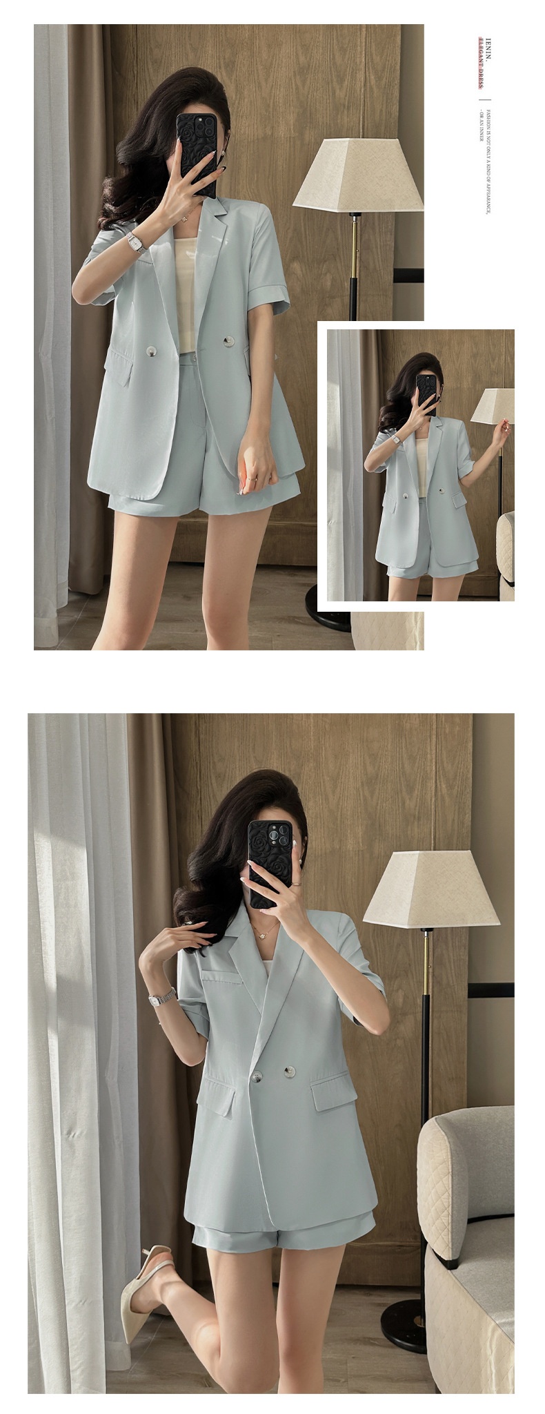 Ensemble tailleur bleu ChicShe pour femme, élégant et tendance, manches courtes, short fin d'été, tenue de travail professionnelle._voghion.com