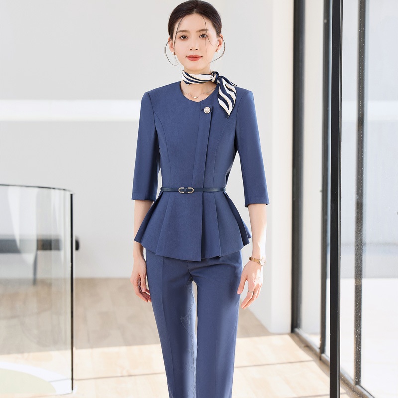 ChicShe 2025 Spring Summer Waist-Cinching Blue High-End Fashion Mid-Sleeve Top Women's Pants Skirt Beauty Salon Professional_voghion.com