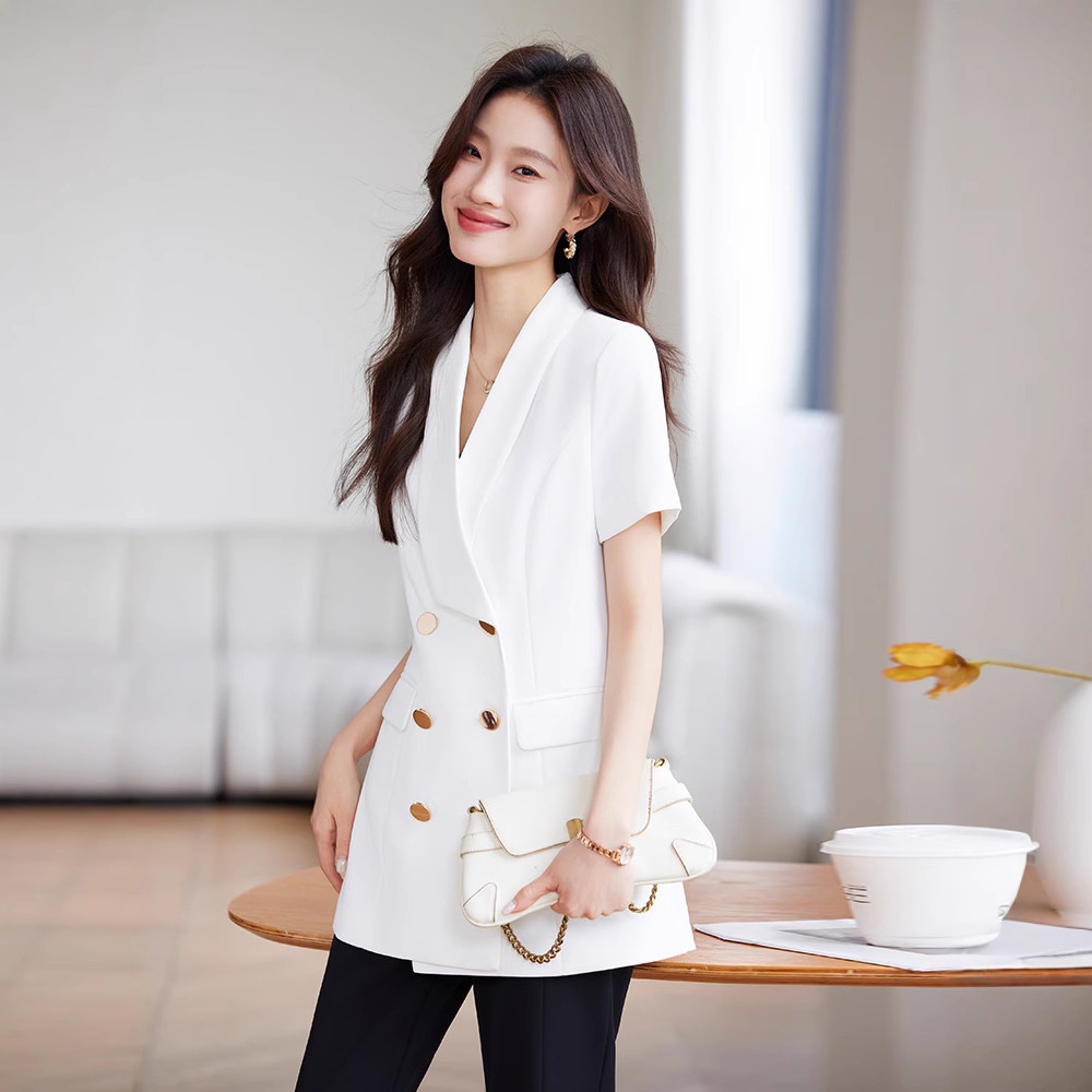 Veste tailleur à manches courtes ChicShe pour femme, style professionnel décontracté, élégante et polyvalente, idéale pour l'été et les déplacements._voghion.com