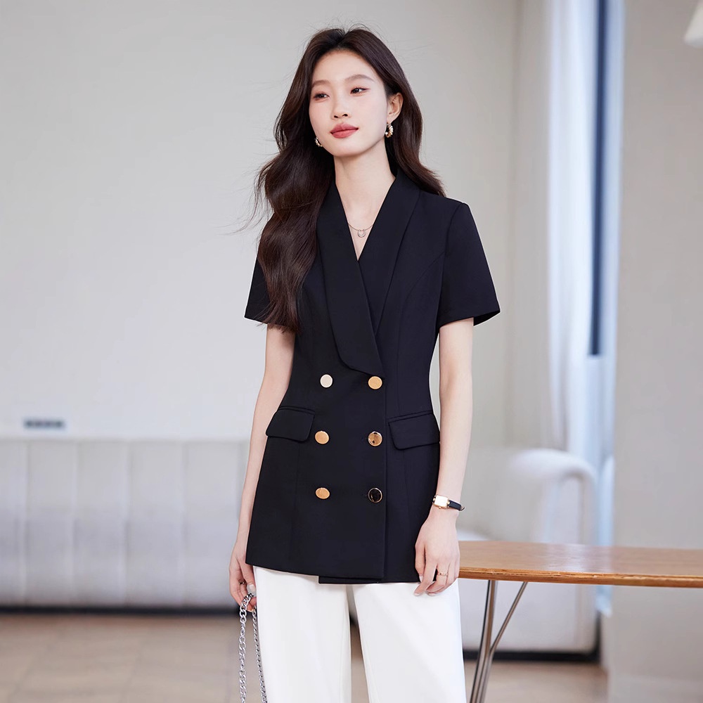 Veste tailleur à manches courtes ChicShe pour femme, style professionnel décontracté, élégante et polyvalente, idéale pour l'été et les déplacements._voghion.com