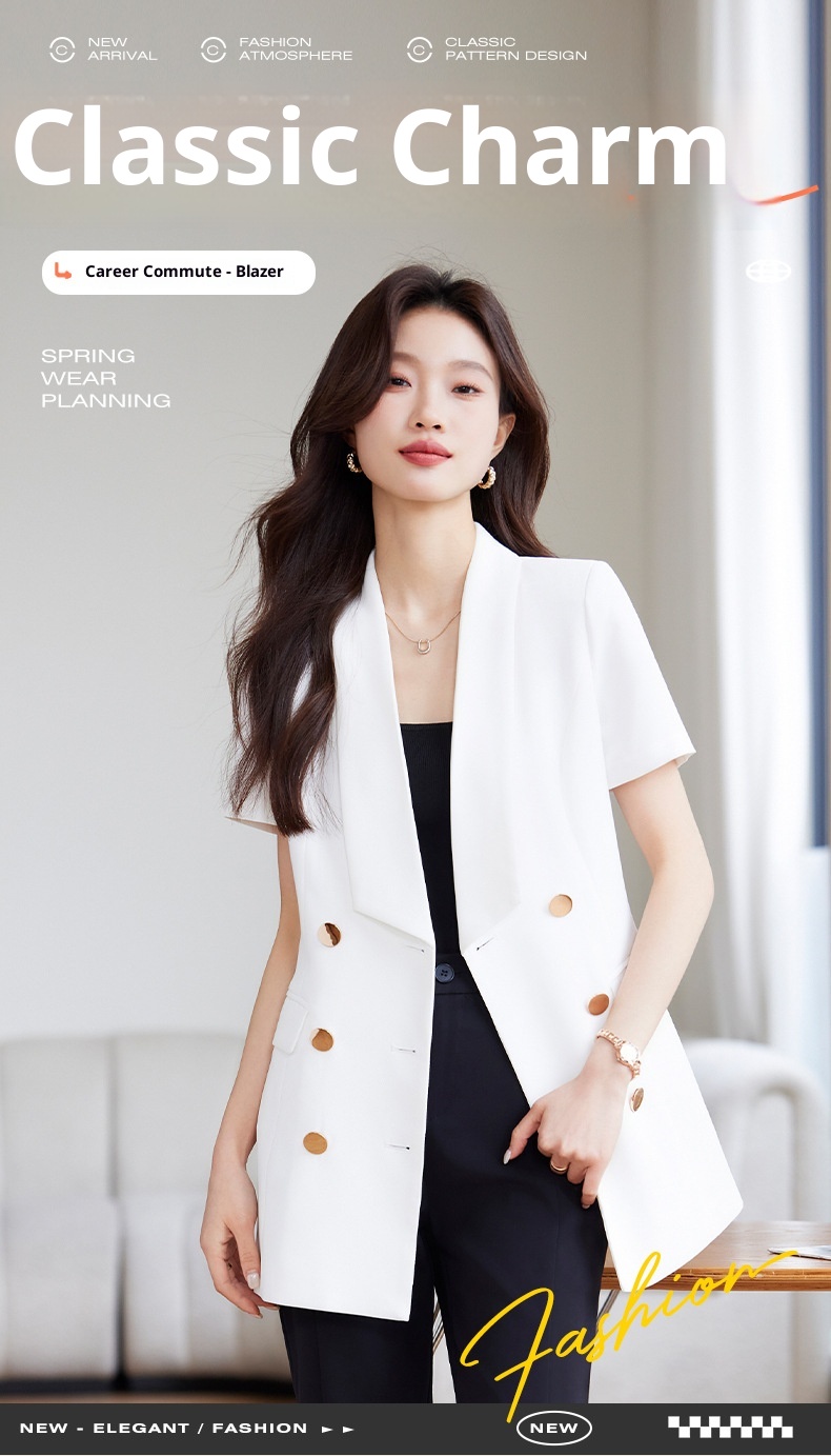 Veste tailleur à manches courtes ChicShe pour femme, style professionnel décontracté, élégante et polyvalente, idéale pour l'été et les déplacements._voghion.com