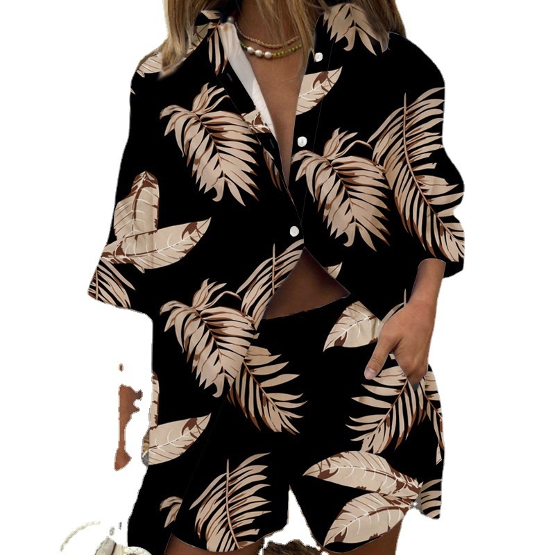 ChicShe, set di due pezzi con camicia stampata a maniche corte con colletto rovesciato, moda femminile europea e americana_voghion.com