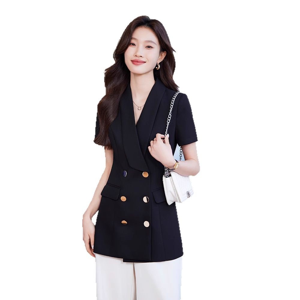 Veste tailleur à manches courtes ChicShe pour femme, style professionnel décontracté, élégante et polyvalente, idéale pour l'été et les déplacements._voghion.com