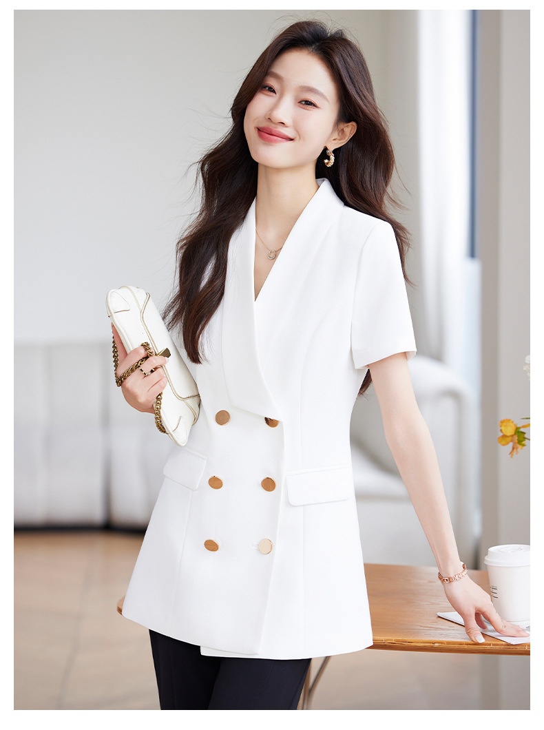 Veste tailleur à manches courtes ChicShe pour femme, style professionnel décontracté, élégante et polyvalente, idéale pour l'été et les déplacements._voghion.com