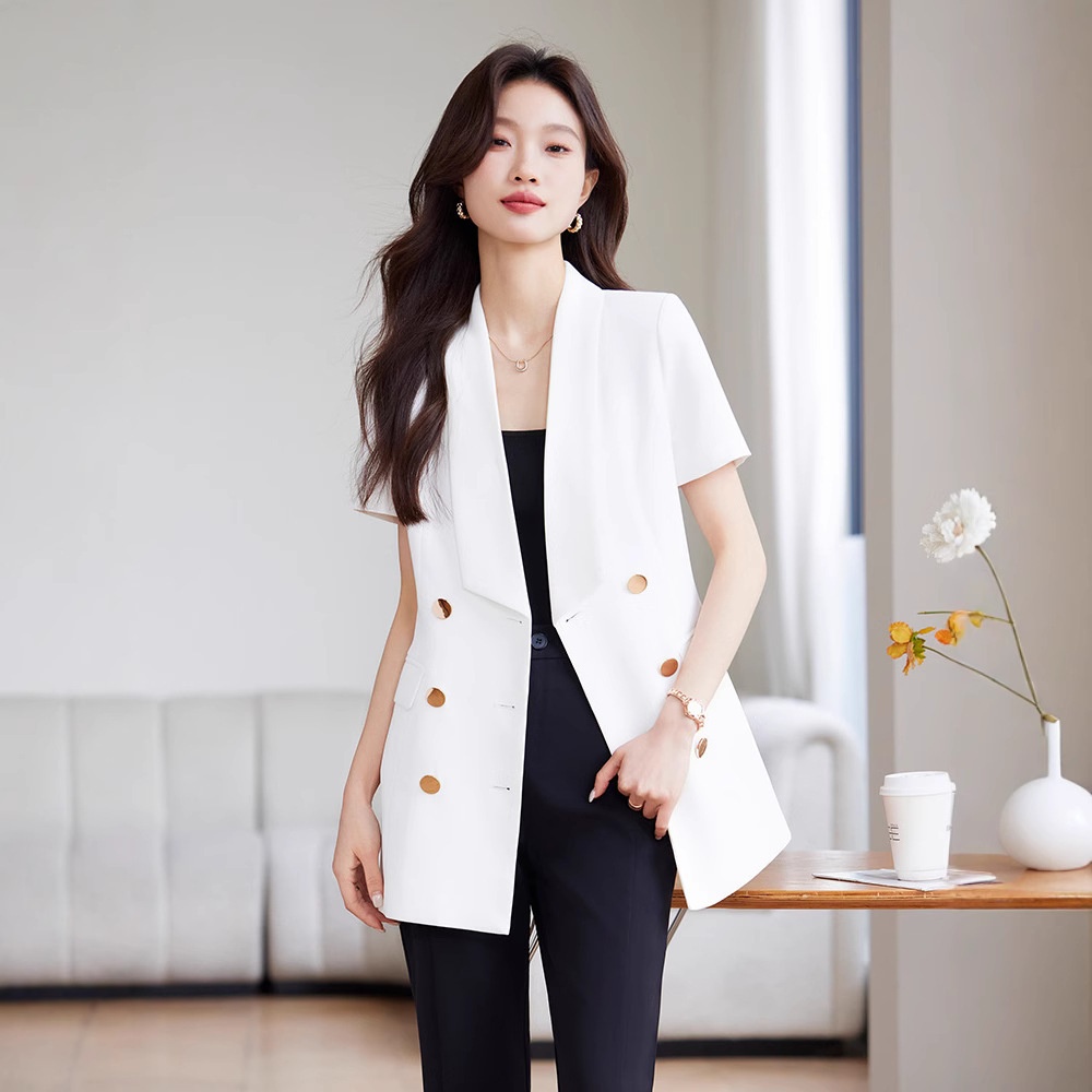 Veste tailleur à manches courtes ChicShe pour femme, style professionnel décontracté, élégante et polyvalente, idéale pour l'été et les déplacements._voghion.com