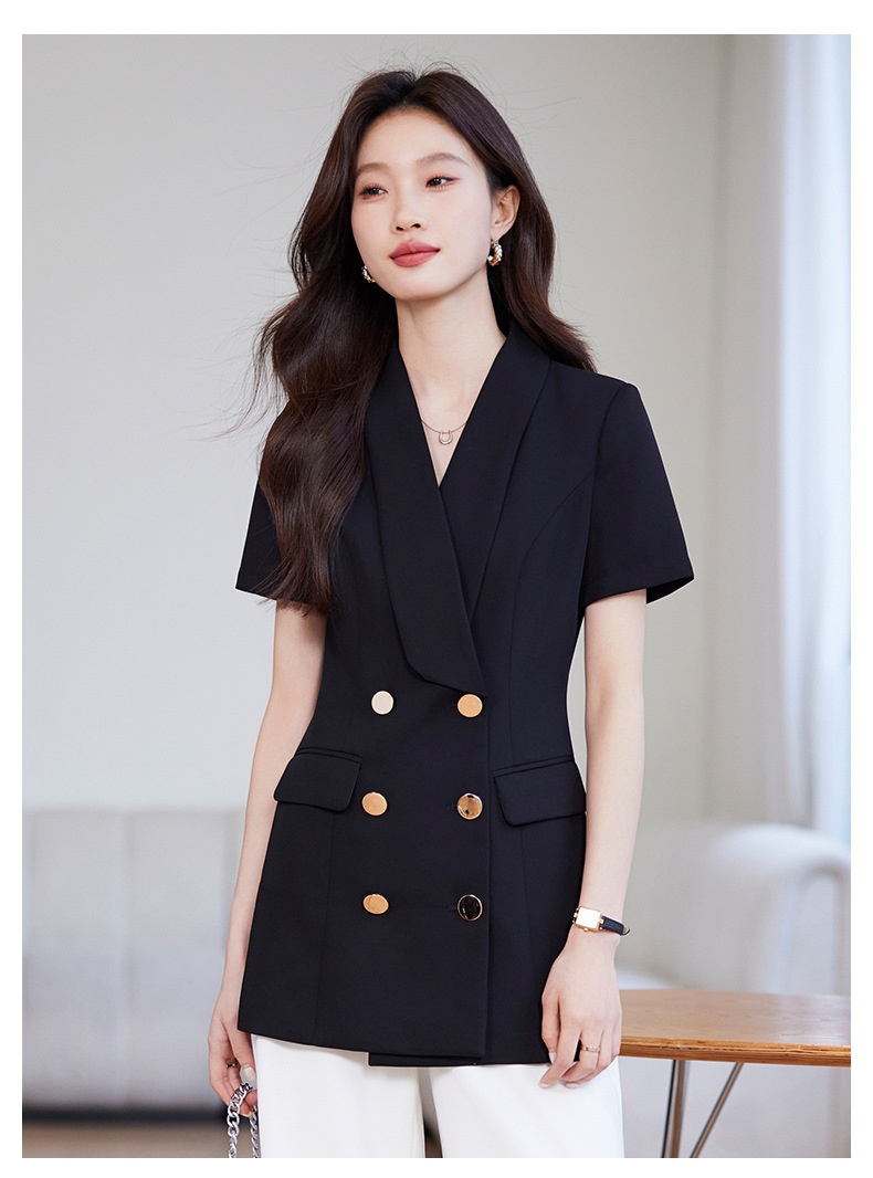 Veste tailleur à manches courtes ChicShe pour femme, style professionnel décontracté, élégante et polyvalente, idéale pour l'été et les déplacements._voghion.com
