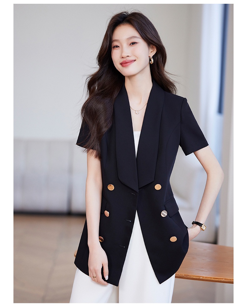 Veste tailleur à manches courtes ChicShe pour femme, style professionnel décontracté, élégante et polyvalente, idéale pour l'été et les déplacements._voghion.com