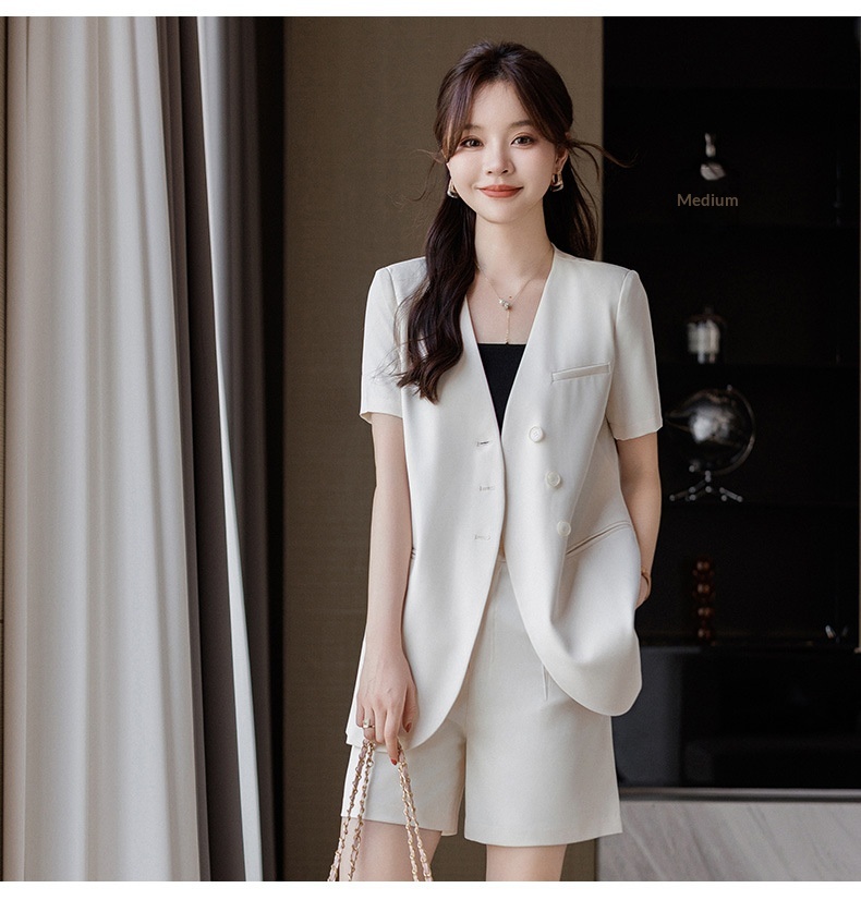 ChicShe 2024 Summer New Gray Collarless Blazer Jacket Women Shorts Two-Piece Set Simple Fashionable Elegant Trendy_voghion.com