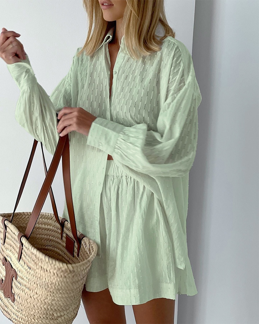 ChicShe Collection Été 2024 - Mode Femme - Style Européen et Américain - Haut Élégant à Manches Bouffantes Jacquard - Short - Design Pratique pour les Déplacements Féminin_voghion.com