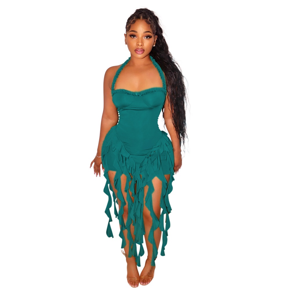 ChicShe CY901256 European And American Solid Color Tassel Halter Bodycon For Women Foreign Trade New Fashion Dress_voghion.com