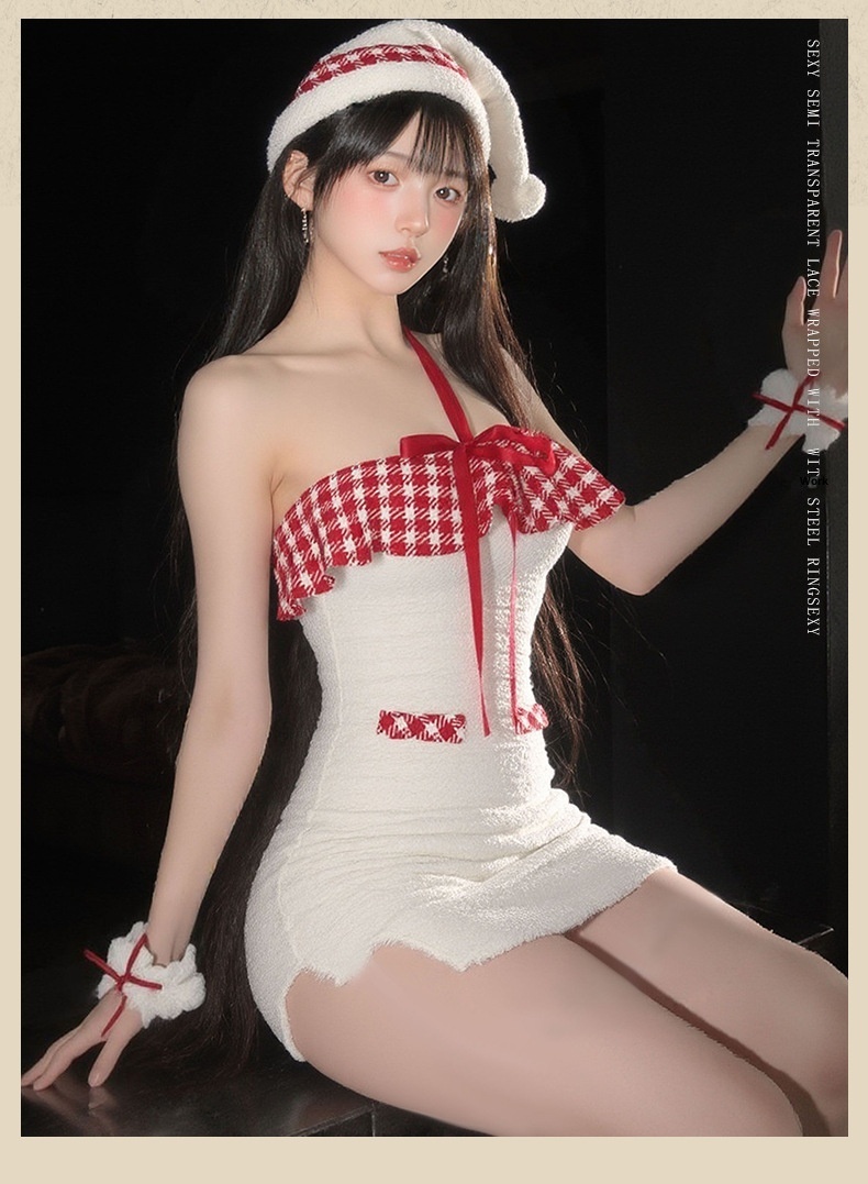 Eros Lab Lingerie Snowy Elf Christmas Girl Cute Pure Desire Fluffy Plaid Halter Neck Hot Sexy Bodycon Mini Dress_voghion.com