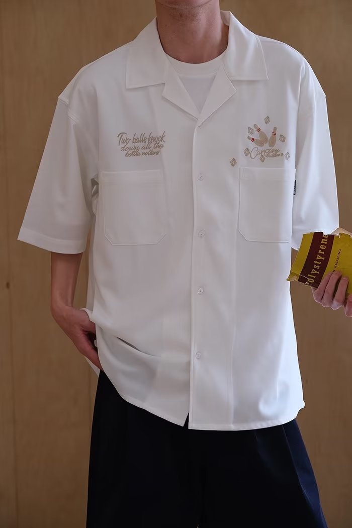 ForMen 2023 Summer American Style Loose Cuban Collar Bowling Embroidery Workwear Short Men Half Sleeve Shirt_voghion.com