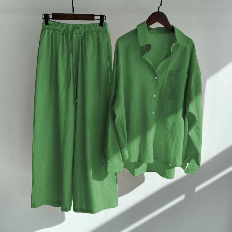 ChicShe Cross-Border Women's 2-Piece Retro Plus Size 2024 Cotton Linen Shirt High Waist Loose Long Pants Set_voghion.com