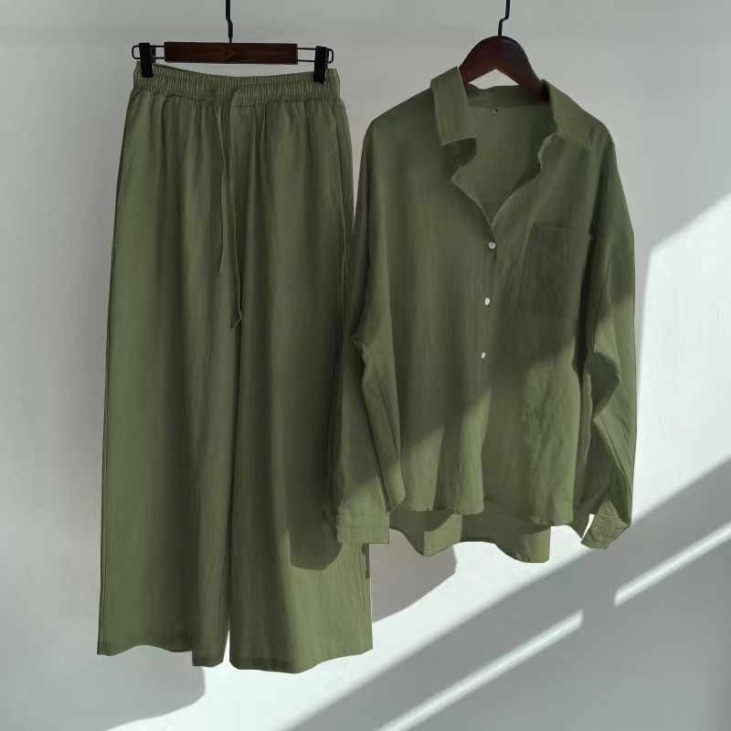 ChicShe Cross-Border Women's 2-Piece Retro Plus Size 2024 Cotton Linen Shirt High Waist Loose Long Pants Set_voghion.com