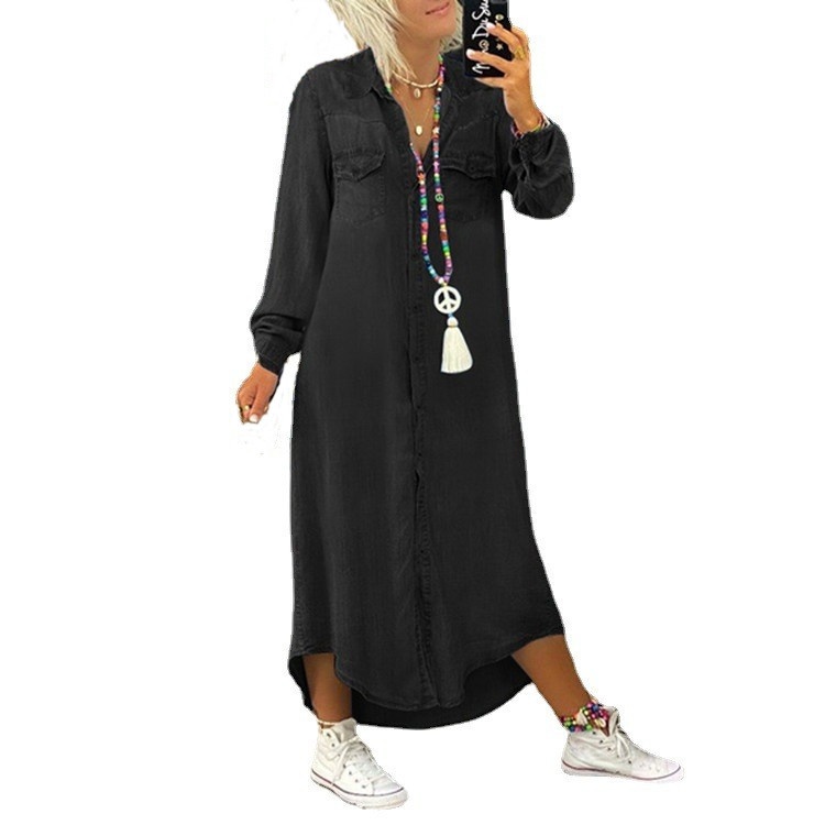 ChicShe 2023, gonna lunga casual in denim con colletto a camicia, nuova e venduta in Europa e in America_voghion.com