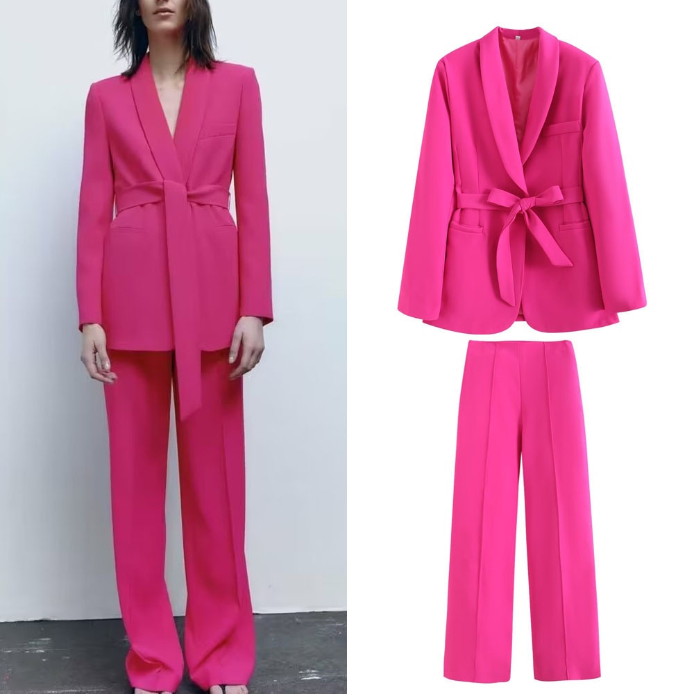 ChicShe Cross-Border European American Spring And Autumn Women's New Style Dress With Belt Small Suit Jacket + Casual Pants Set_voghion.com
